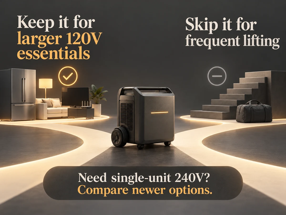 Illustration: Illustrated decision paths for larger 120V essentials, frequent lifting and single-unit 240V needs