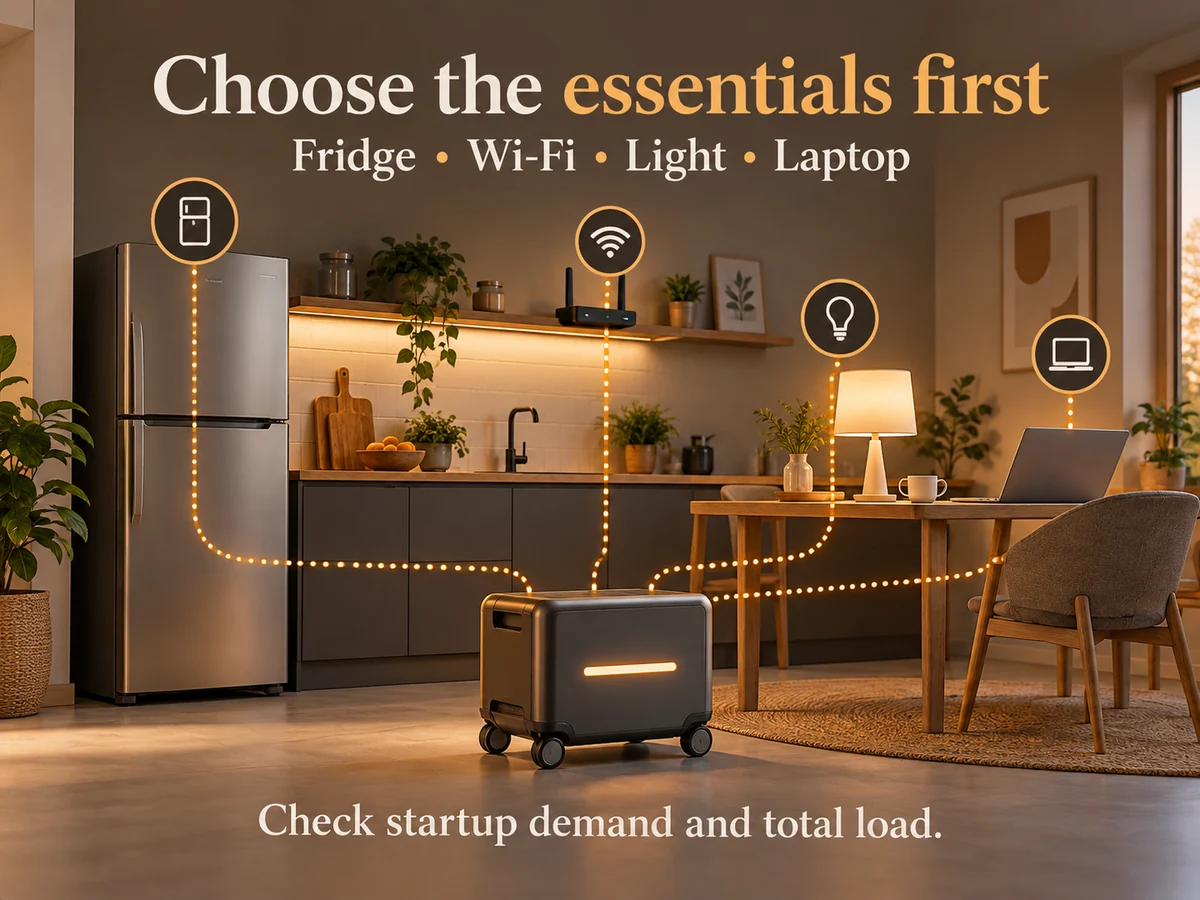 Illustration: Illustrated essential-load plan for refrigerator, Wi-Fi, light and laptop