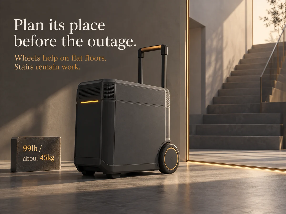 Illustration: Original wheeled battery illustration beside a staircase with 99lb weight reminder