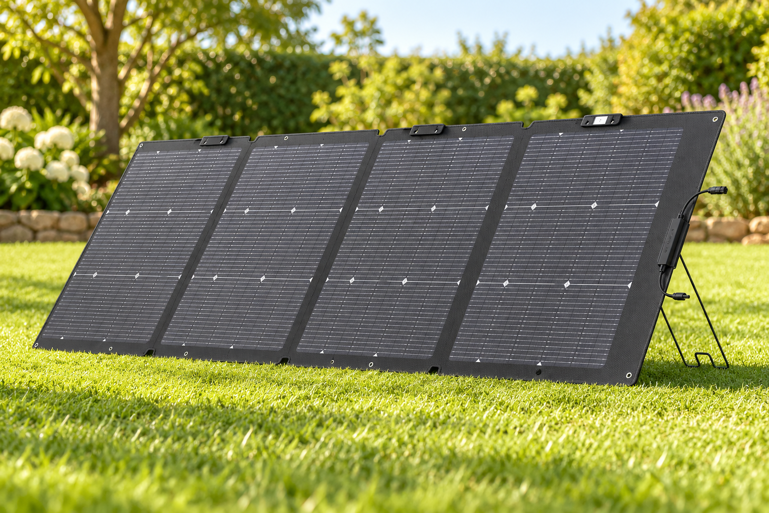 示意图：EcoFlow four-section 220W bifacial portable panel reconstructed from ASIN B09TKM8PBQ; AI illustration