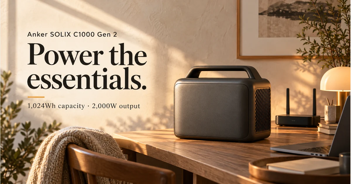 Illustration: A conceptual battery station beside home-office essentials