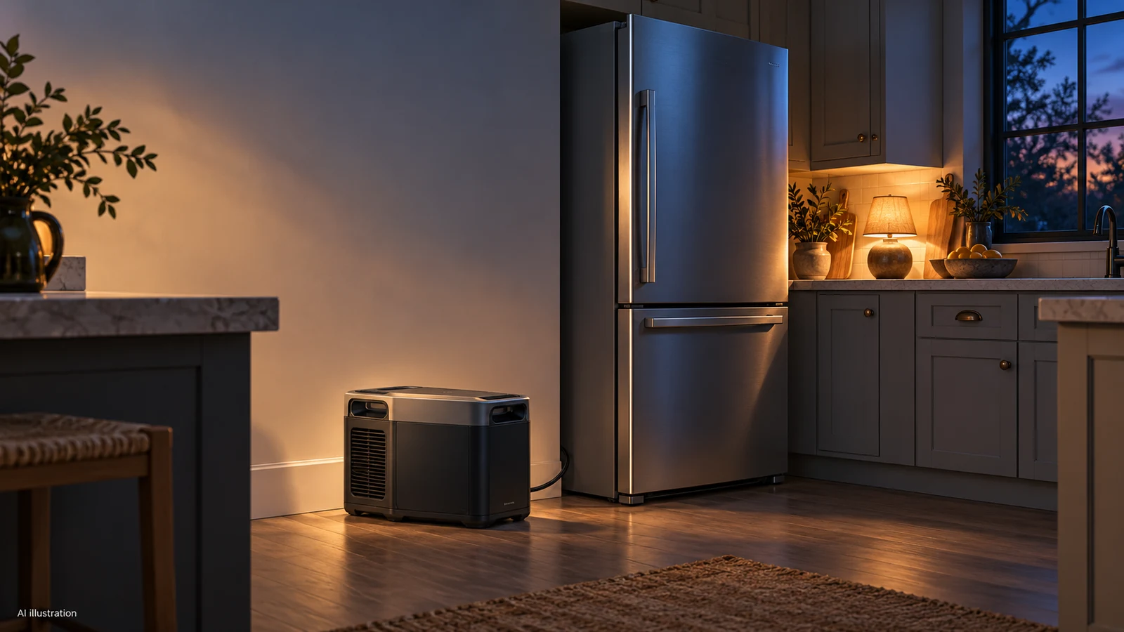AI-generated kitchen scene showing a generic portable battery beside a refrigerator