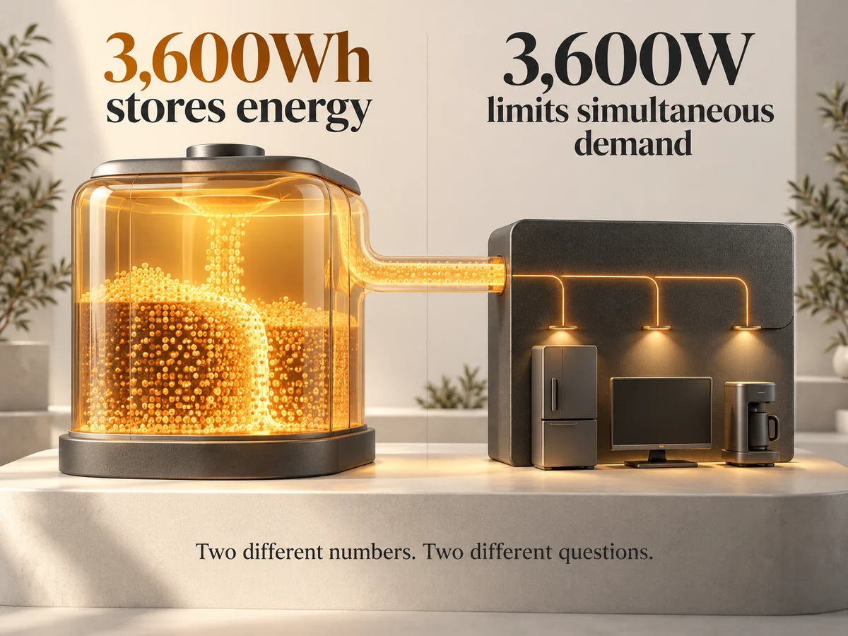 Illustration: Conceptual reservoir and output gate distinguish 3,600Wh energy capacity from 3,600W simultaneous output