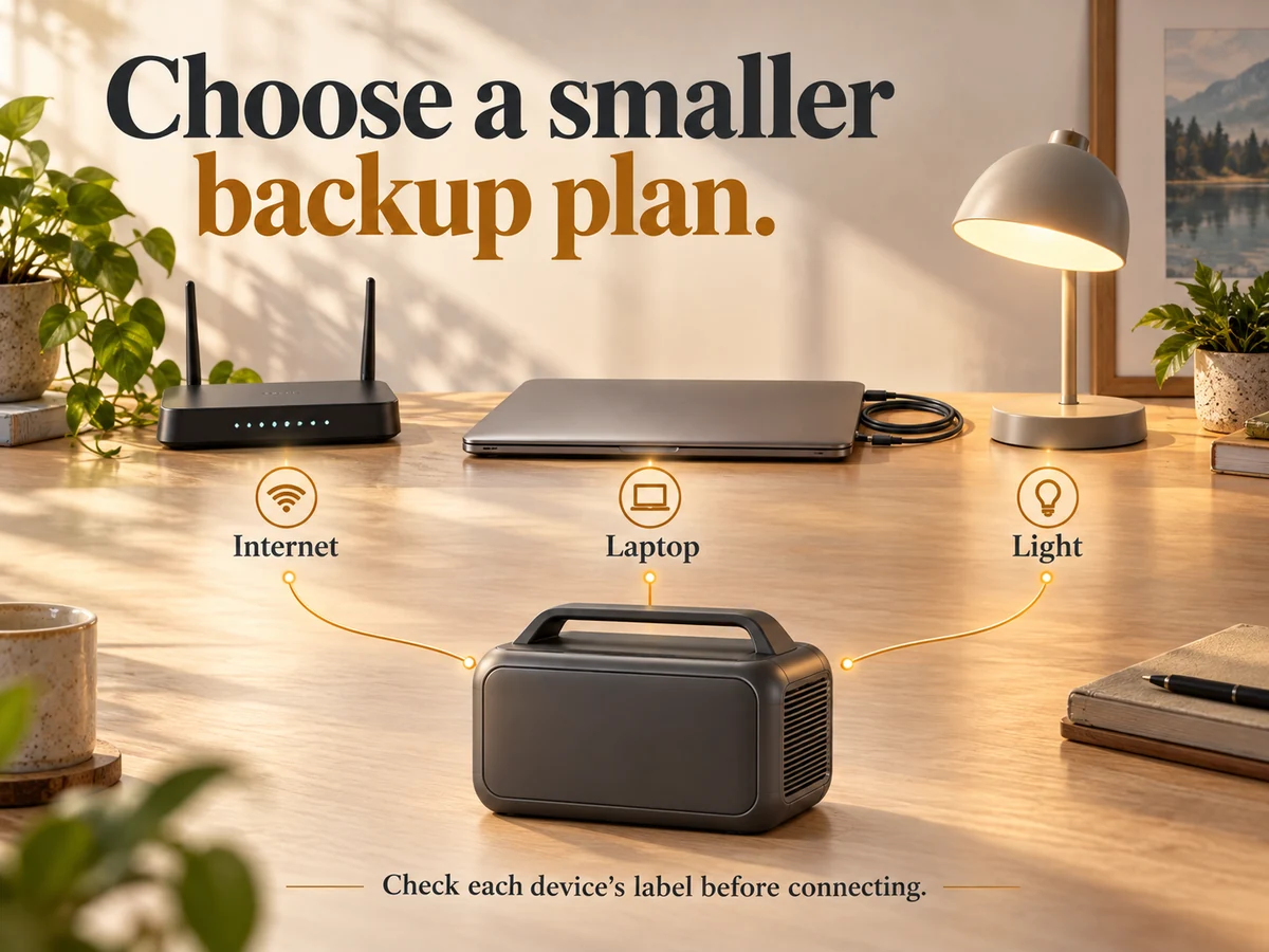 Illustration: Router, laptop and light grouped into a small backup plan