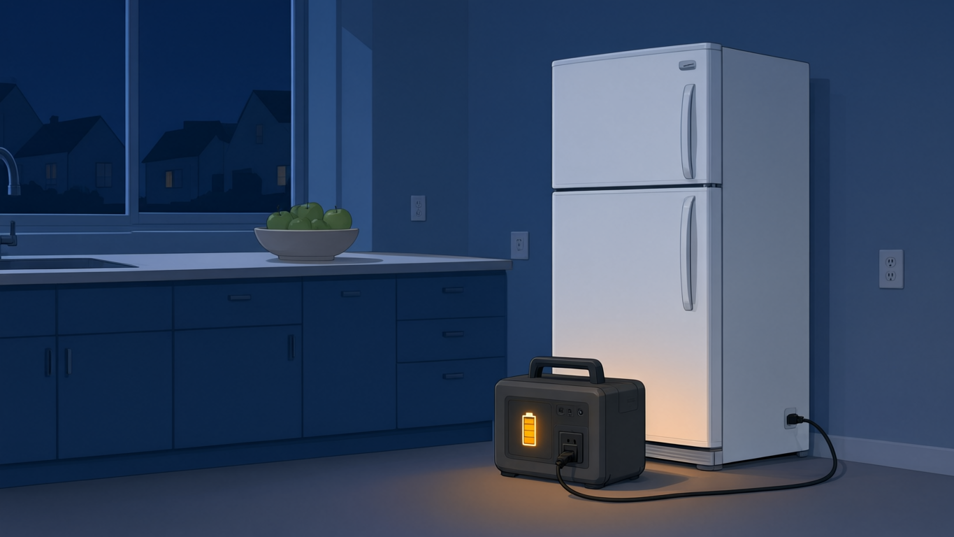 Illustration: A portable power station connected to a refrigerator in a dimly lit kitchen during a power outage.